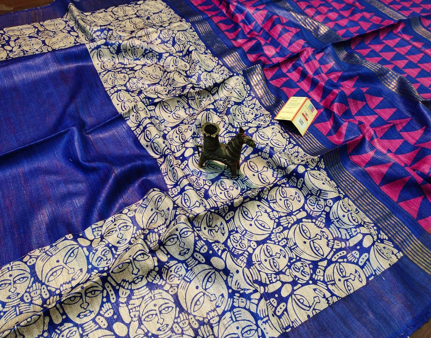 Blue Tussar Ghicha Printed Silk Saree with Zari Border| Peepal Clothing