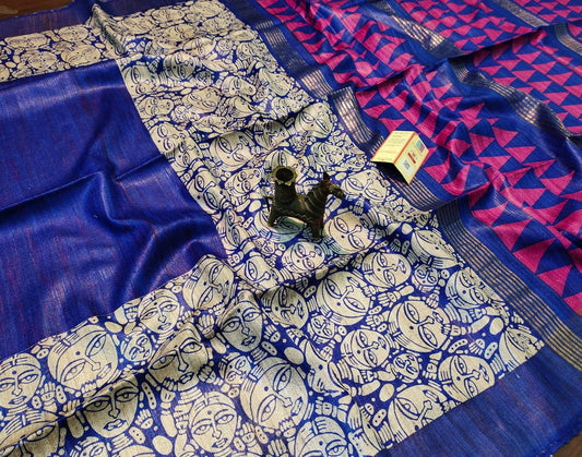 Blue Tussar Ghicha Printed Silk Saree with Zari Border| Peepal Clothing
