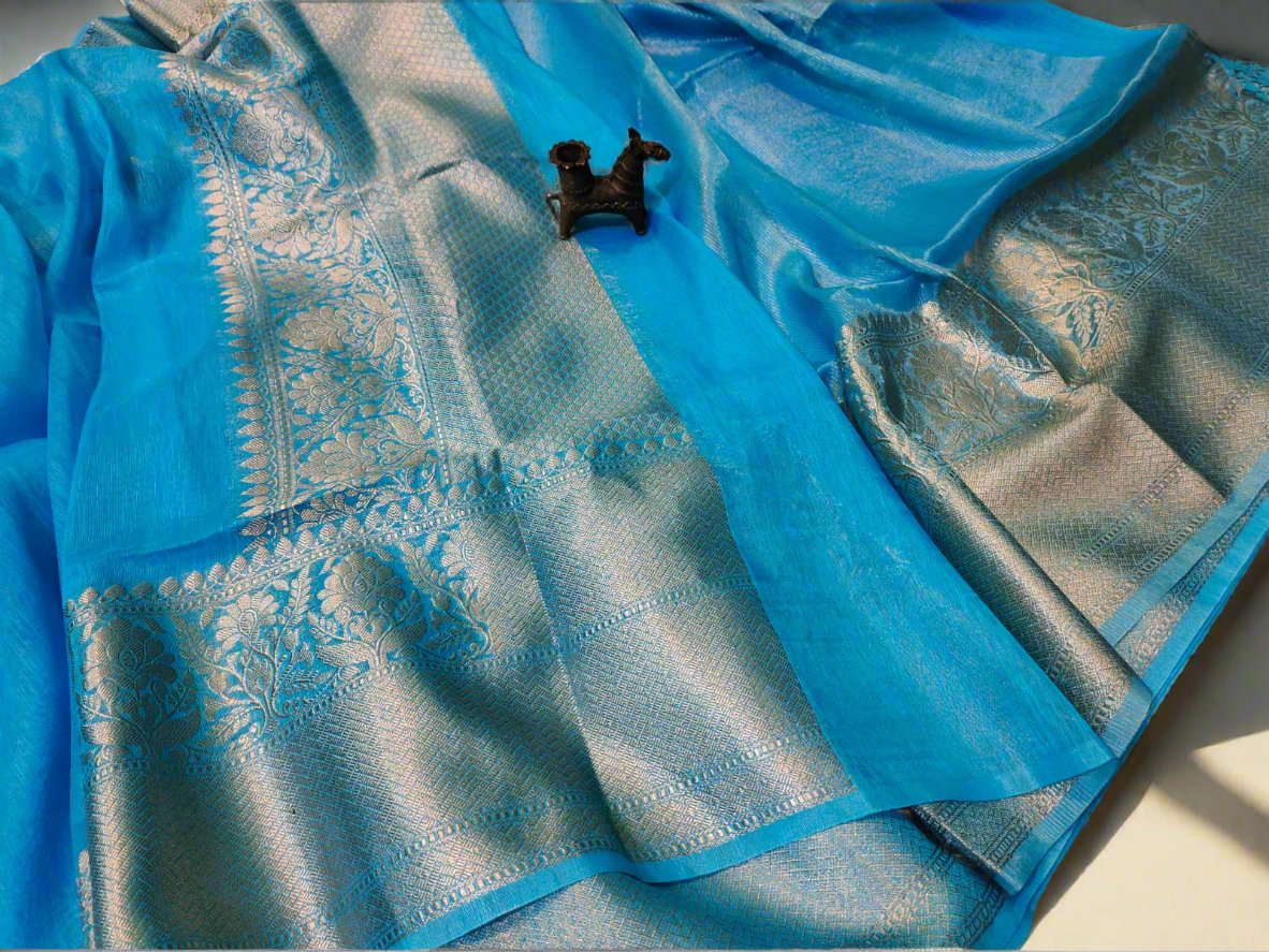 Blue Pure Silk Linen Banarasi Saree | Peapal Clothing
