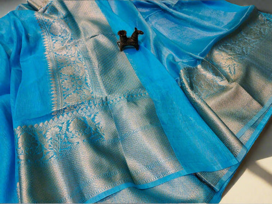 Blue Pure Silk Linen Banarasi Saree | Peapal Clothing
