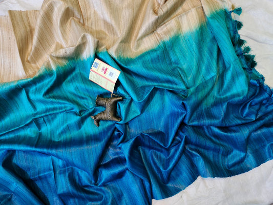 Blue Triple Dye Pure Tussar Ghicha Silk Saree | Peepal Clothing