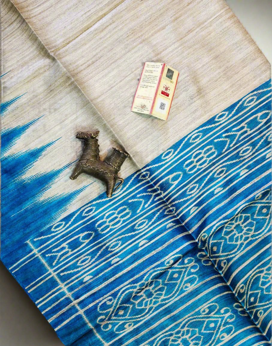 Blue Tussar Ghicha Ikkat Printed Silk Saree| Peepal Clothing