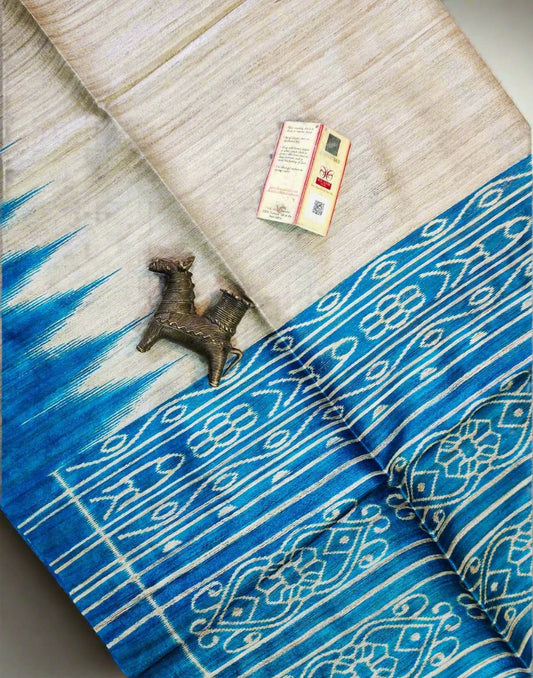 Blue Tussar Ghicha Ikkat Printed Silk Saree| Peepal Clothing