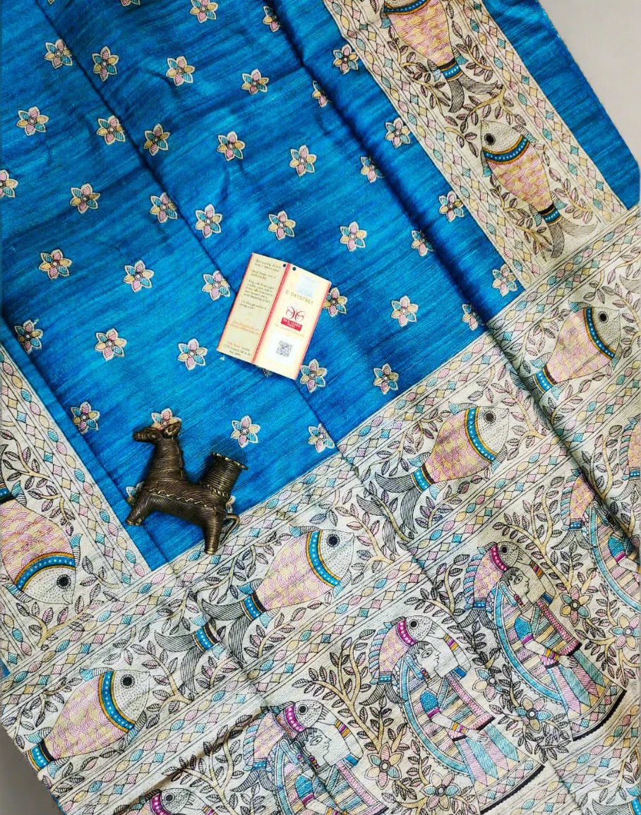 Blue Tussar Ghicha Madhubani Printed Silk Saree| Peepal Clothing