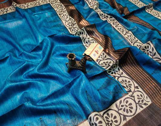Blue and Yellow Floral Printed Tussar Ghicha Silk Saree with Zari Border| Peepal Clothing