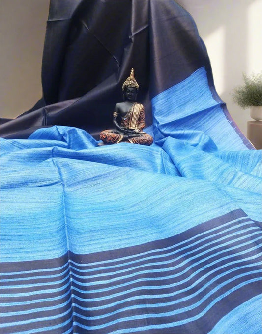Blue and Grey Korean tussar ghicha pallu saree with staple body| Peepal Clothing