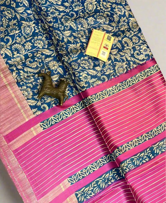 Blue and Pink Floral Printed Tussar Ghicha Silk Saree| Peepal Clothing