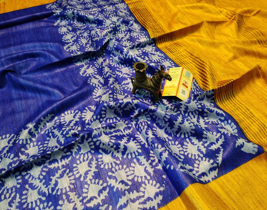 Blue Printed Tussar Ghicha Silk Saree with Zari Border| Peepal Clothing