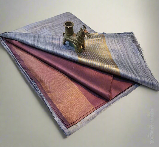 Blueish Brown Korean tussar ghicha pallu saree with staple body and Zari border| Peepal Clothing