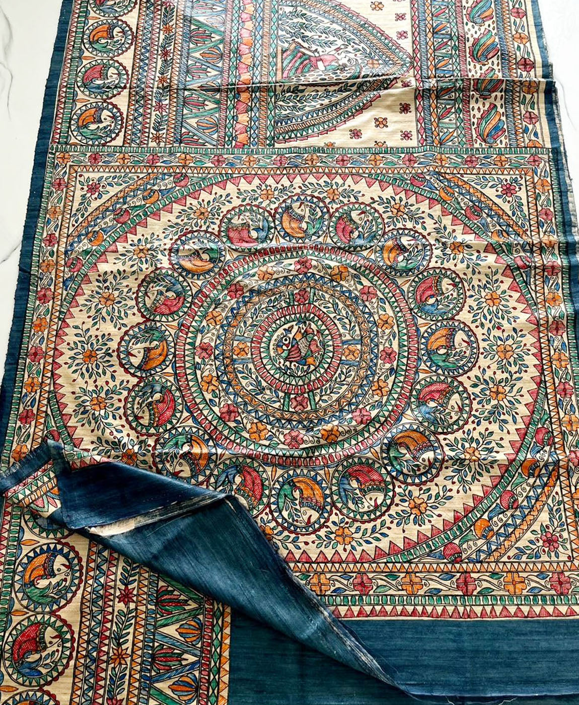 Bluish Grey Half & Half Madhubani Hand Painted Tussar Ghicha Silk Saree | Peepal Clothing