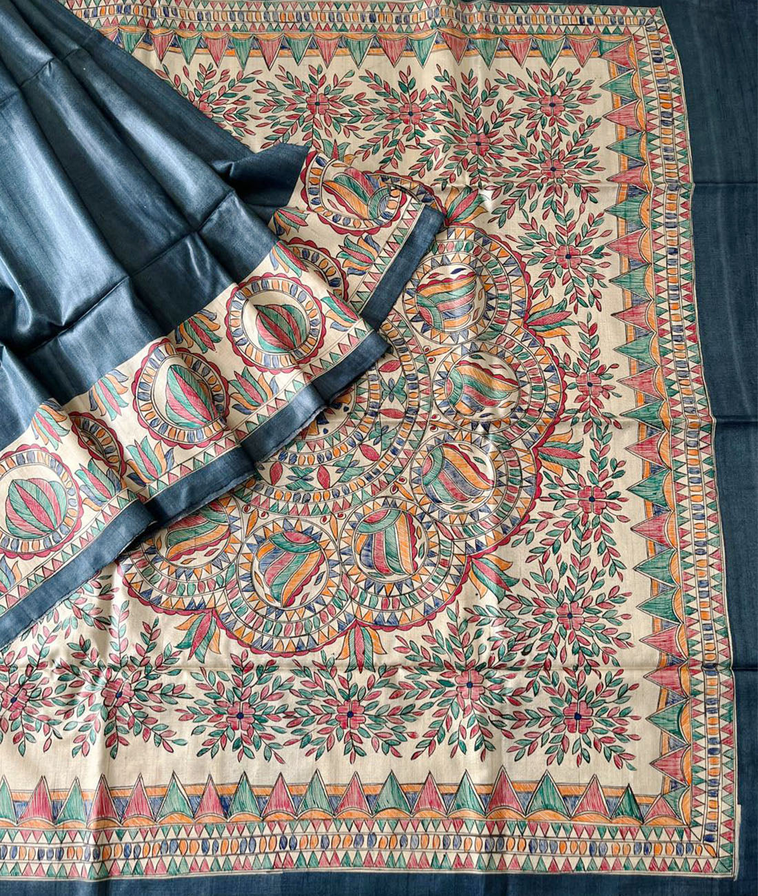 Bluish Grey Madhubani hand painted Ghicha Tussar Silk Saree |Peepal Clothing