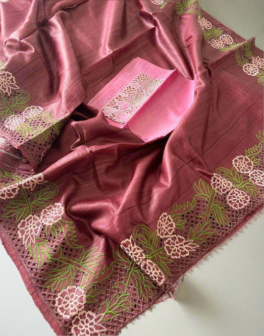 Blush Pink Hand Cutwork Tussar Ghicha Silk Saree | Peepal Clothing