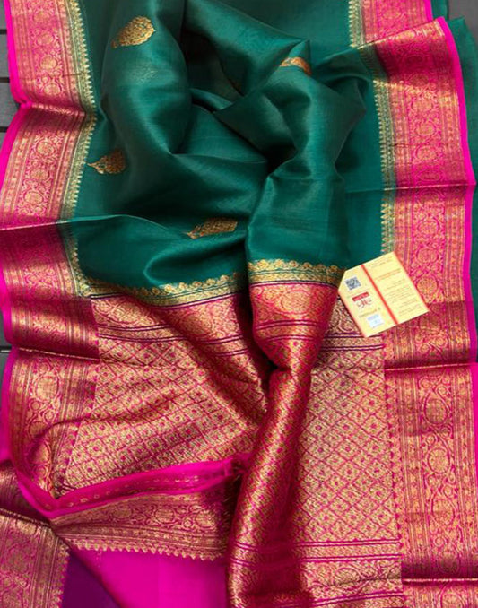 Bottle Green Banarasi Pure Khaddi Organza Silk Saree | Peepal Clothing