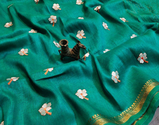 Bottle Green Embroidered Pure Silk Linen Saree | Peepal Clothing