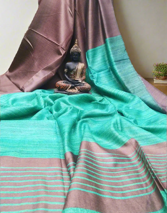 Bottle Green Korean tussar ghicha pallu saree with staple body| Peepal Clothing