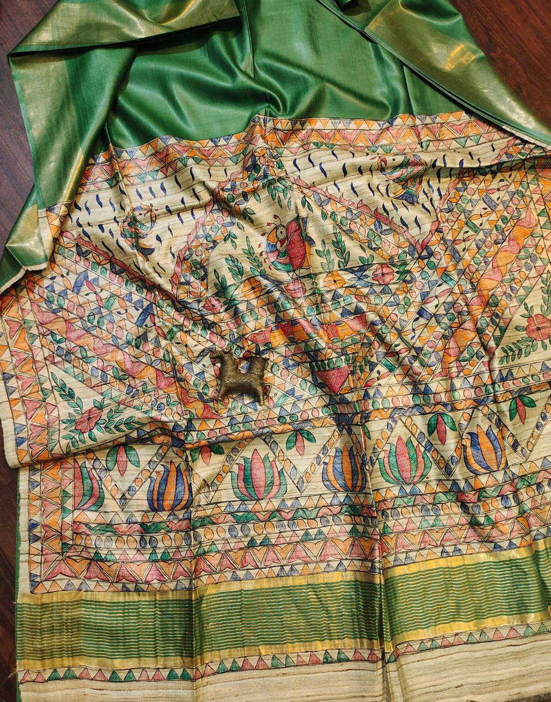Bottle Green Madhubani Hand Painted PalluTussar Ghicha Silk Saree