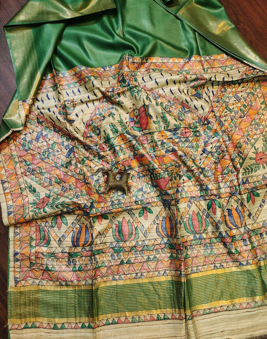 Bottle Green Madhubani Hand Painted PalluTussar Ghicha Silk Saree