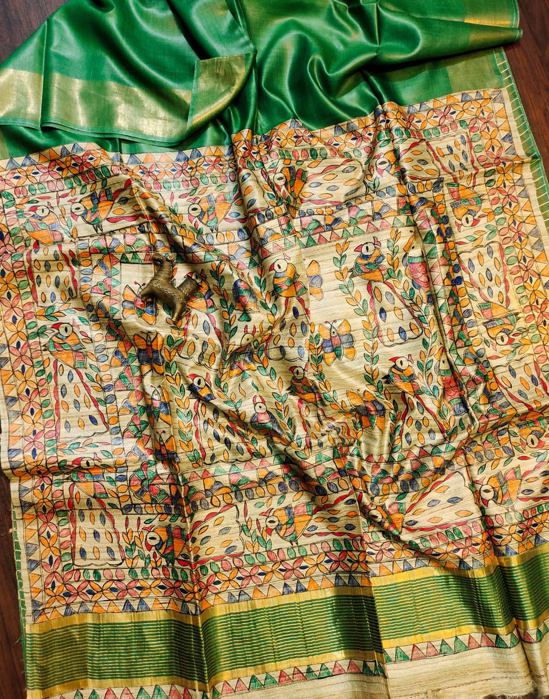 Bottle Green Madhubani Hand Painted Peacock Pallu Tussar Ghicha Silk Saree