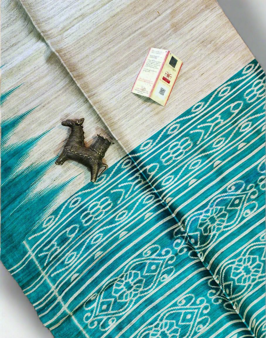 Bottle Tussar Ghicha Ikkat Printed Silk Saree| Peepal Clothing