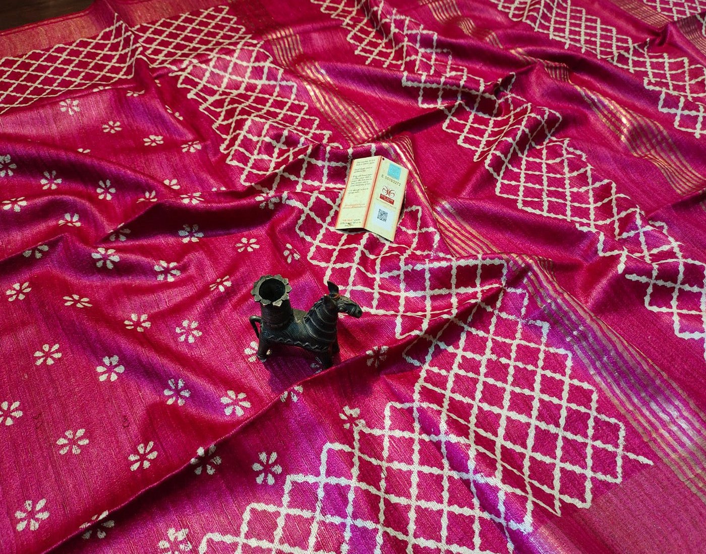 Bright Pink Floral Printed Tussar Ghicha Silk Saree with Zari Border| Peepal Clothing