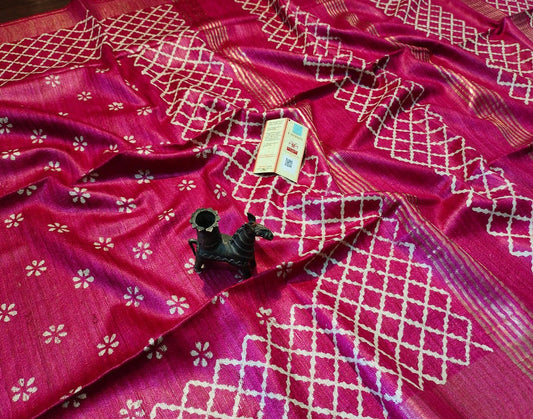 Bright Pink Floral Printed Tussar Ghicha Silk Saree with Zari Border| Peepal Clothing