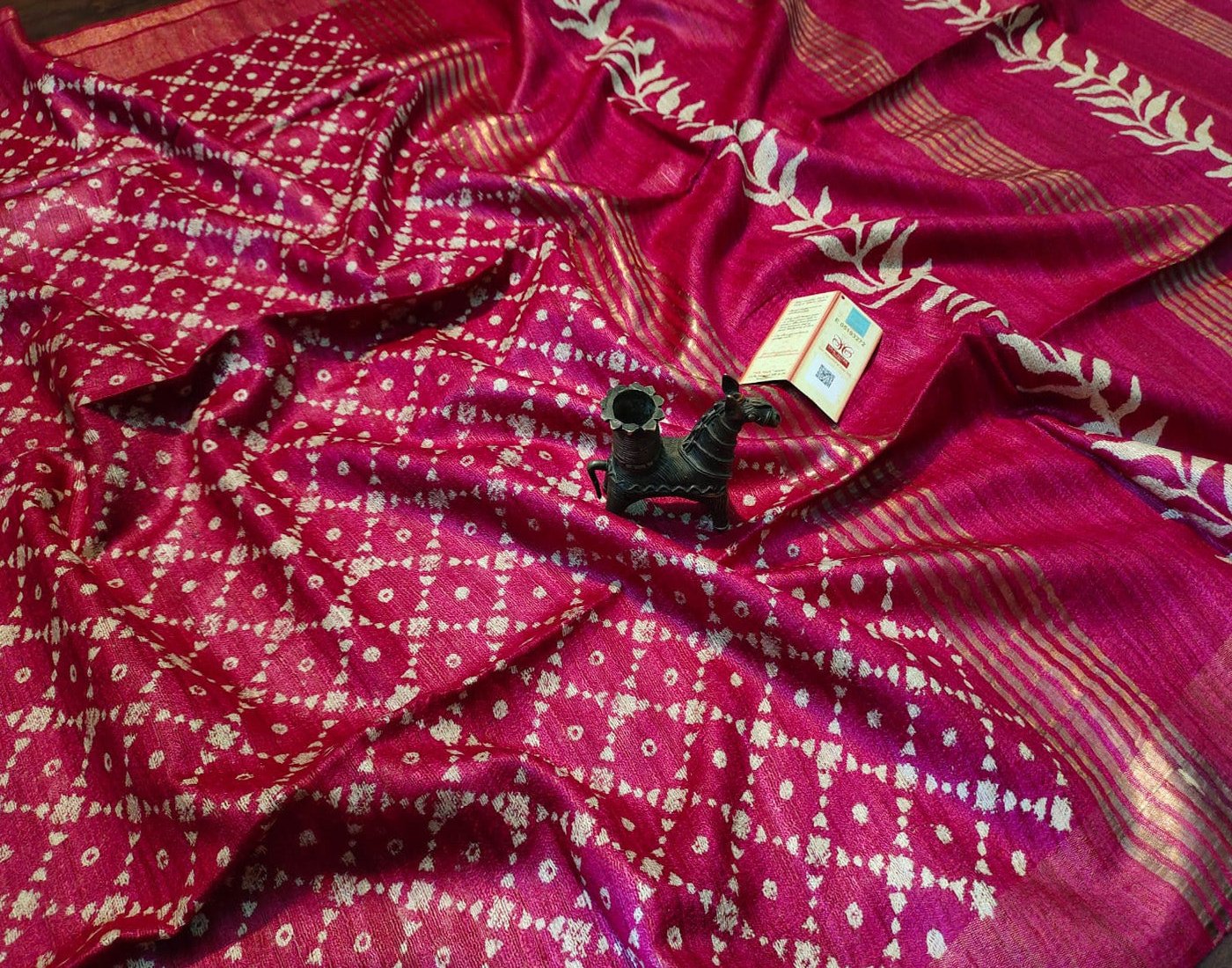 Bright Pink Geometrical Printed Tussar Ghicha Silk Saree with Zari Border| Peepal Clothing