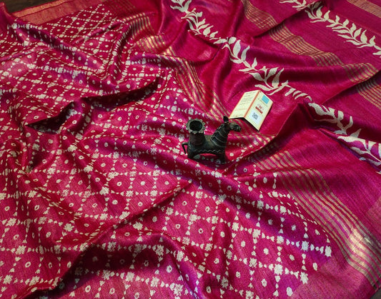 Bright Pink Geometrical Printed Tussar Ghicha Silk Saree with Zari Border| Peepal Clothing