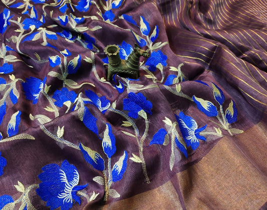 Brown Embroidered Silk Linen Saree|Peepal Clothing
