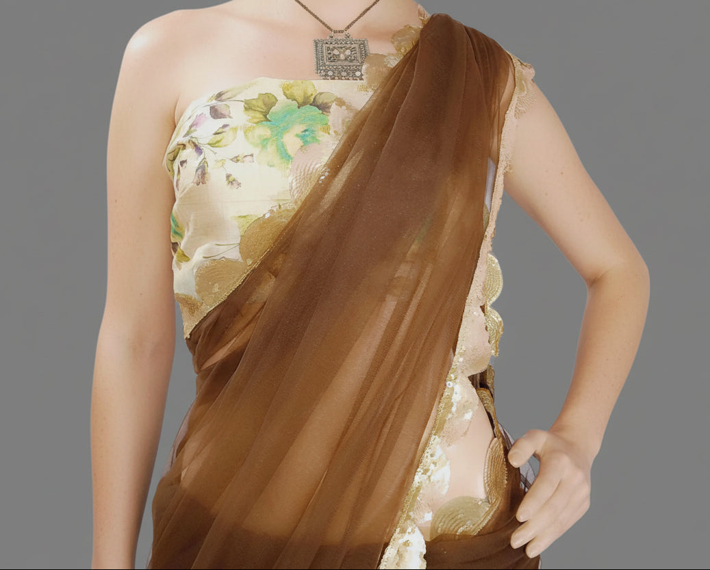 Brown Net Saree | Peepal Clothing