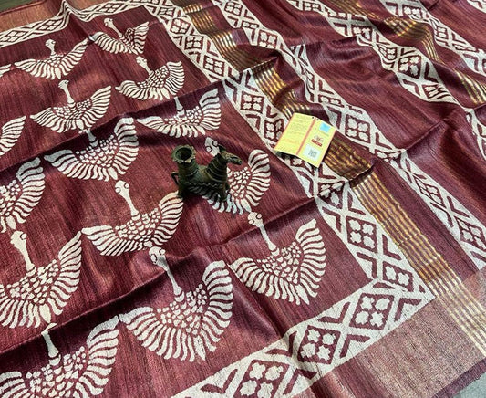 Brown Printed Tussar Ghicha Silk Saree with Zari Border | Peepal Clothing