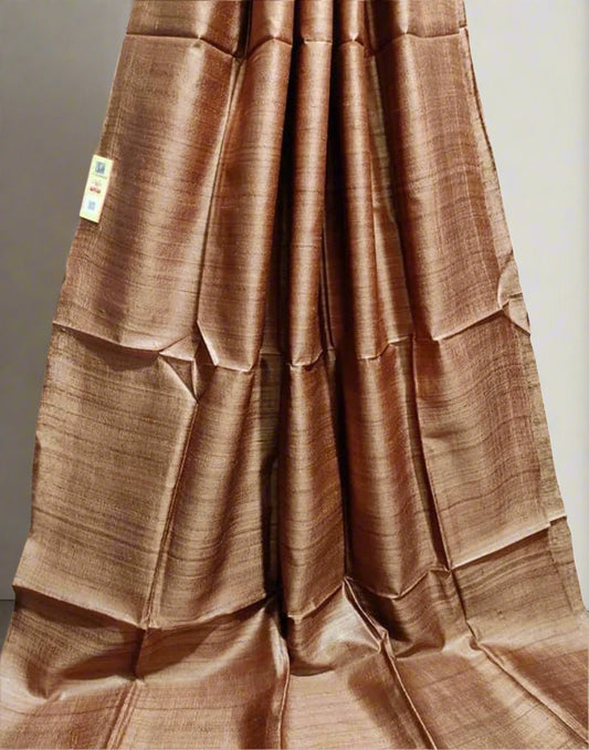 Brown Pure Desi Tussar Plain Silk Saree| Peepal Clothing