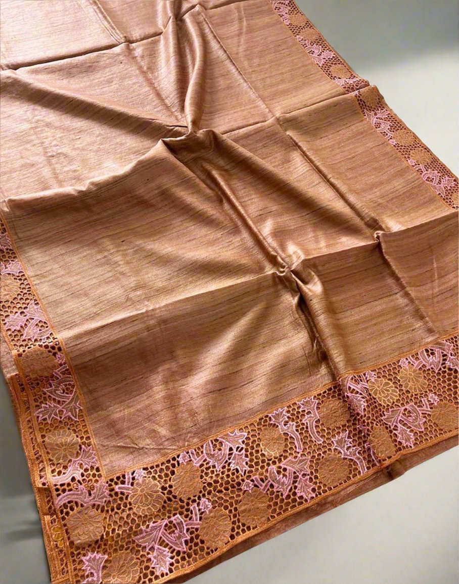 Brown Hand Cutwork Tussar Ghicha Silk Saree | Peepal Clothing