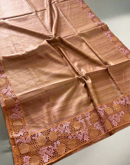 Brown Hand Cutwork Tussar Ghicha Silk Saree | Peepal Clothing