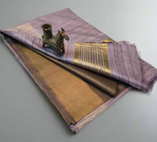 Brownish grey Korean tussar ghicha pallu saree with staple body and Zari border| Peepal Clothing