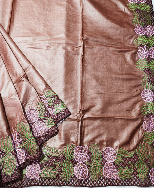 Coffee Hand Cutwork Tussar Silk Saree | Peepal Clothing