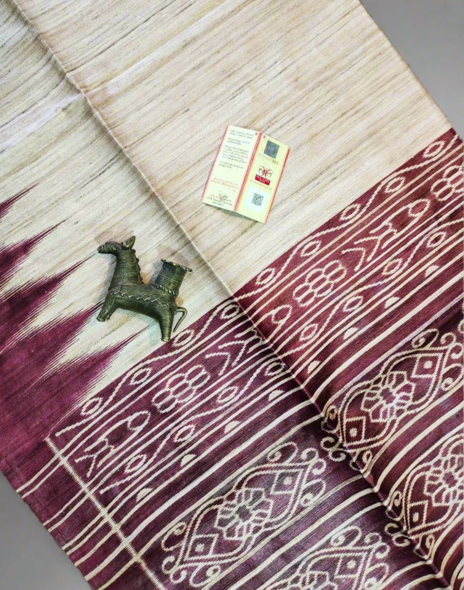 Coffee Tussar Ghicha Ikkat Printed Silk Saree| Peepal Clothing