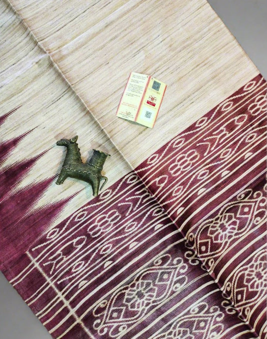 Coffee Tussar Ghicha Ikkat Printed Silk Saree| Peepal Clothing