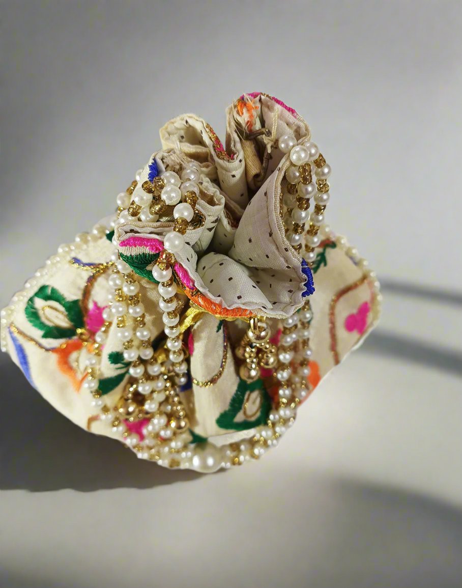 Cream Floral Motif Potli | Peepal Clothing