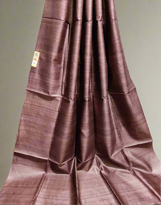 Dark Brown Pure Desi Tussar Plain Silk Saree| Peepal Clothing