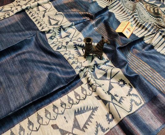 Dark Grey Printed Tussar Ghicha Silk Saree with Zari Border | Peepal Clothing