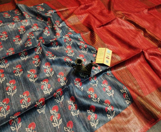 Dark Grey and Red Floral Printed Tussar Ghicha Silk Saree with Zari Border | Peepal Clothing