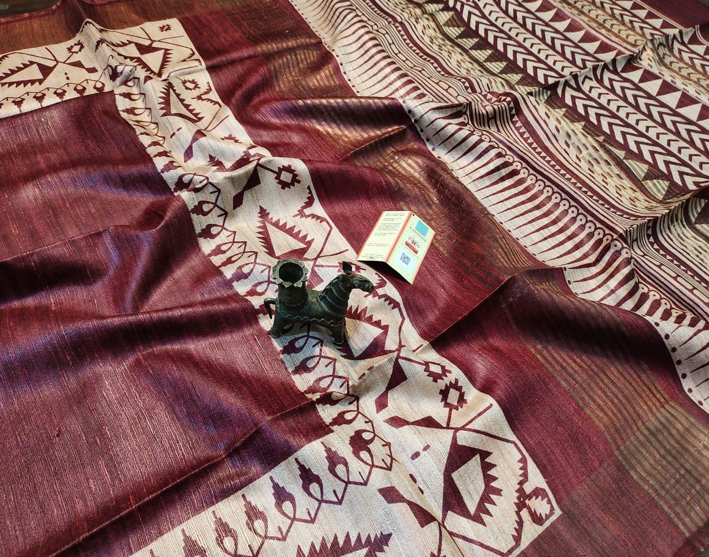 Dark Maroon Printed Tussar Ghicha Silk Saree with Zari Border| Peepal Clothing