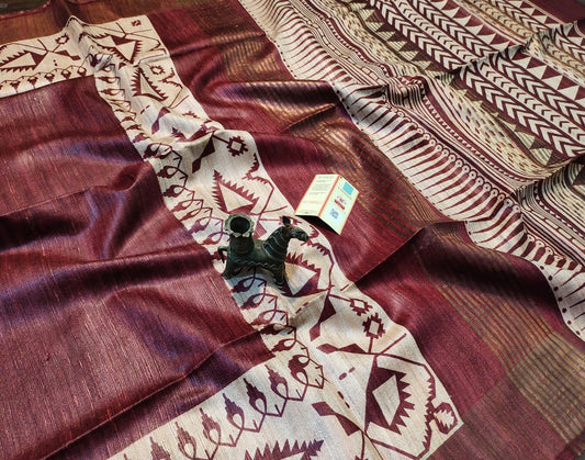 Dark Maroon Printed Tussar Ghicha Silk Saree with Zari Border| Peepal Clothing