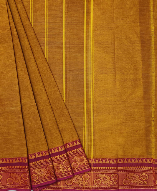 Dark Mustard Double Border Chettinad Cotton Saree | Peepal Clothing