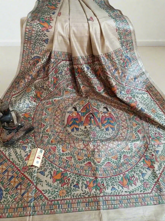 Shop Doli-Kahar Madhubani Hand Painted Pure Desi Tussar Silk Saree Online at www.peepalclothing.com