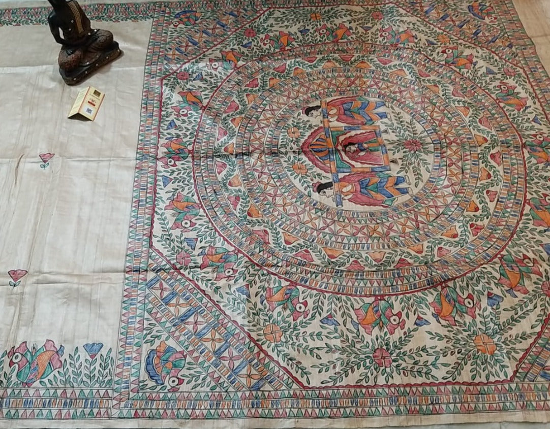 Shop Doli-Kahar Madhubani Hand Painted Pure Desi Tussar Silk Saree Online at www.peepalclothing.com