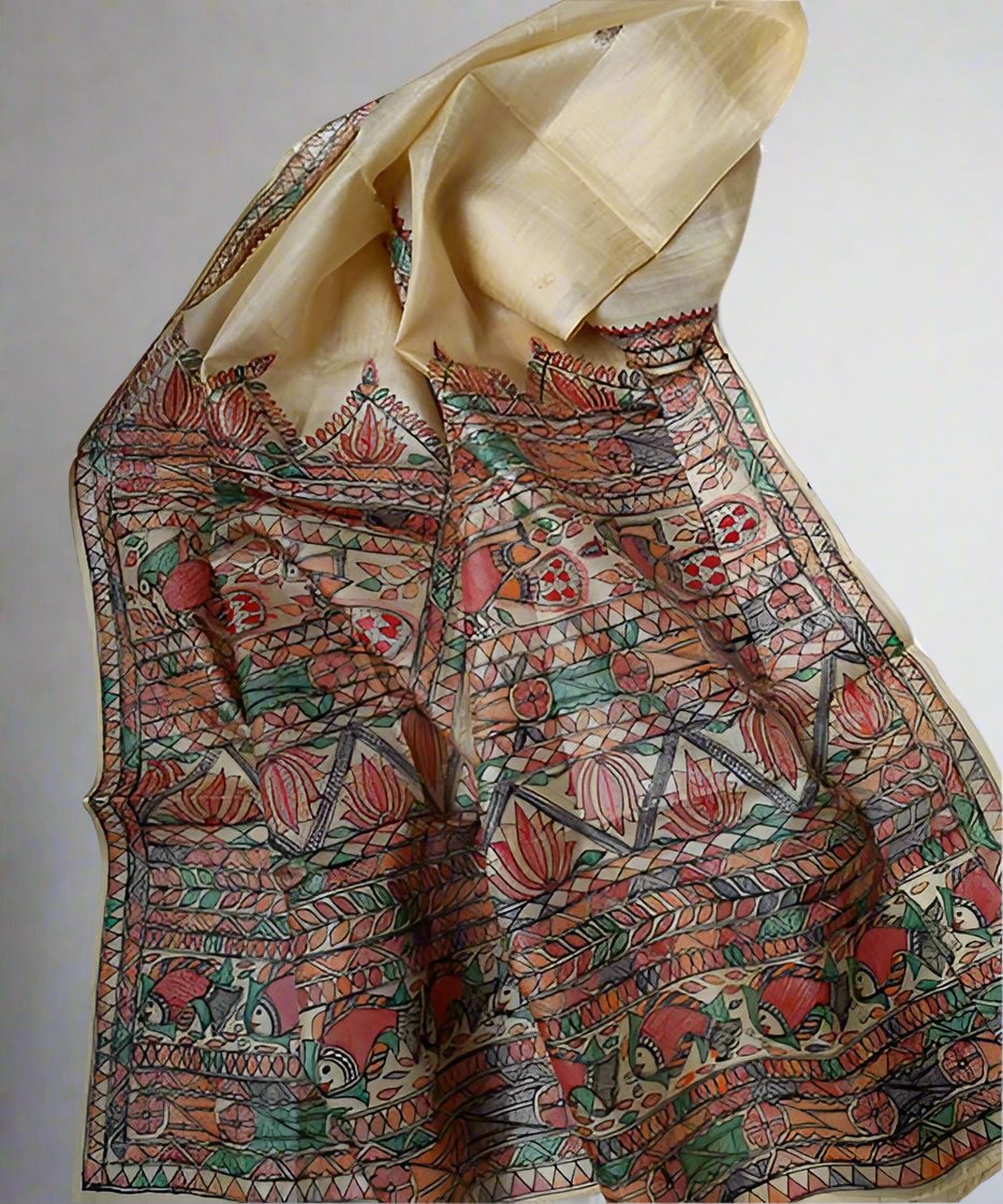 Madhubani hand painted Silk Stole | Peepal Clothing