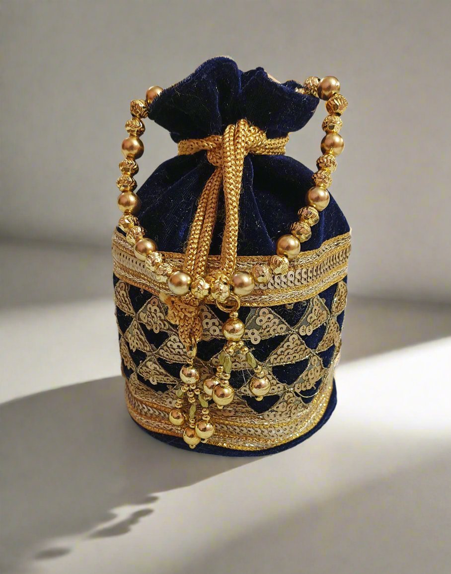 Embellished Blue Velvet Potli | Peepal Clothing