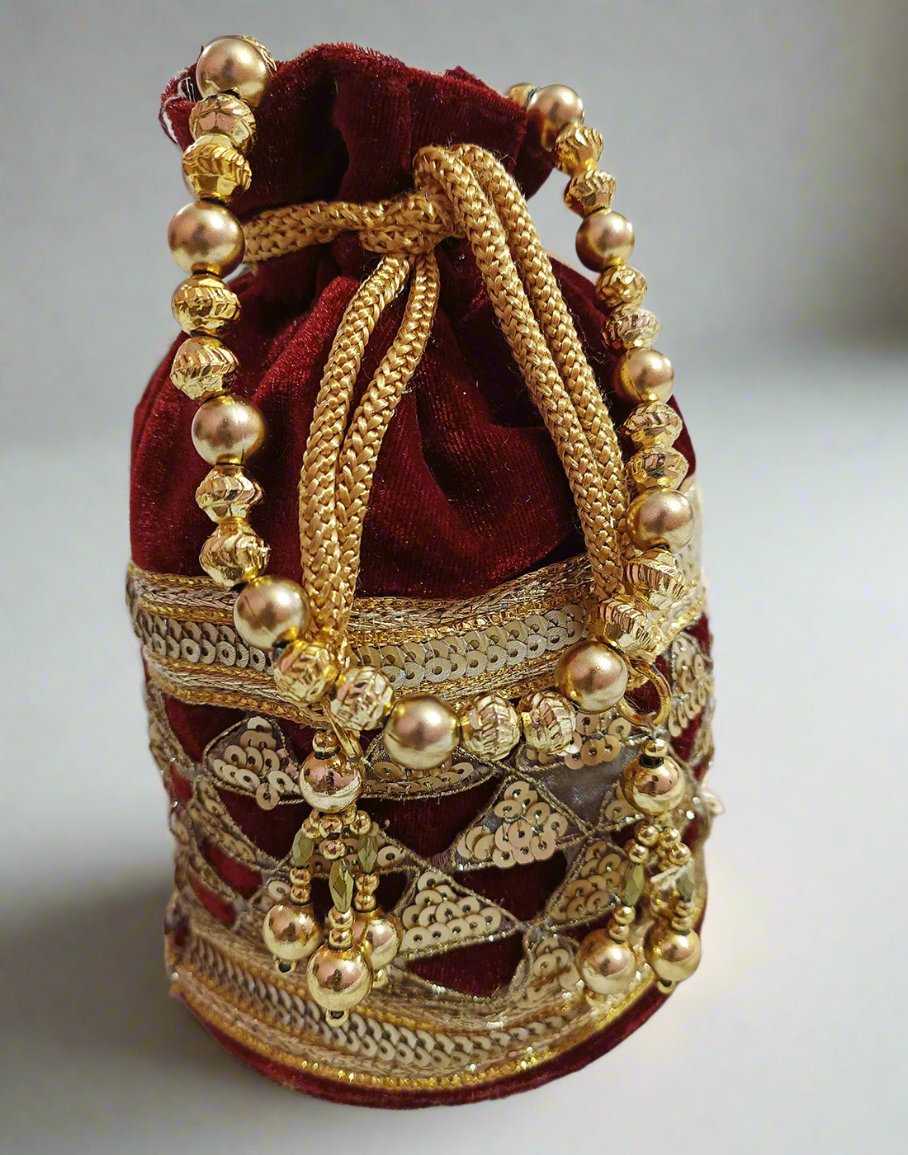 Embellished Maroon Velvet Potli | Peepal Clothing