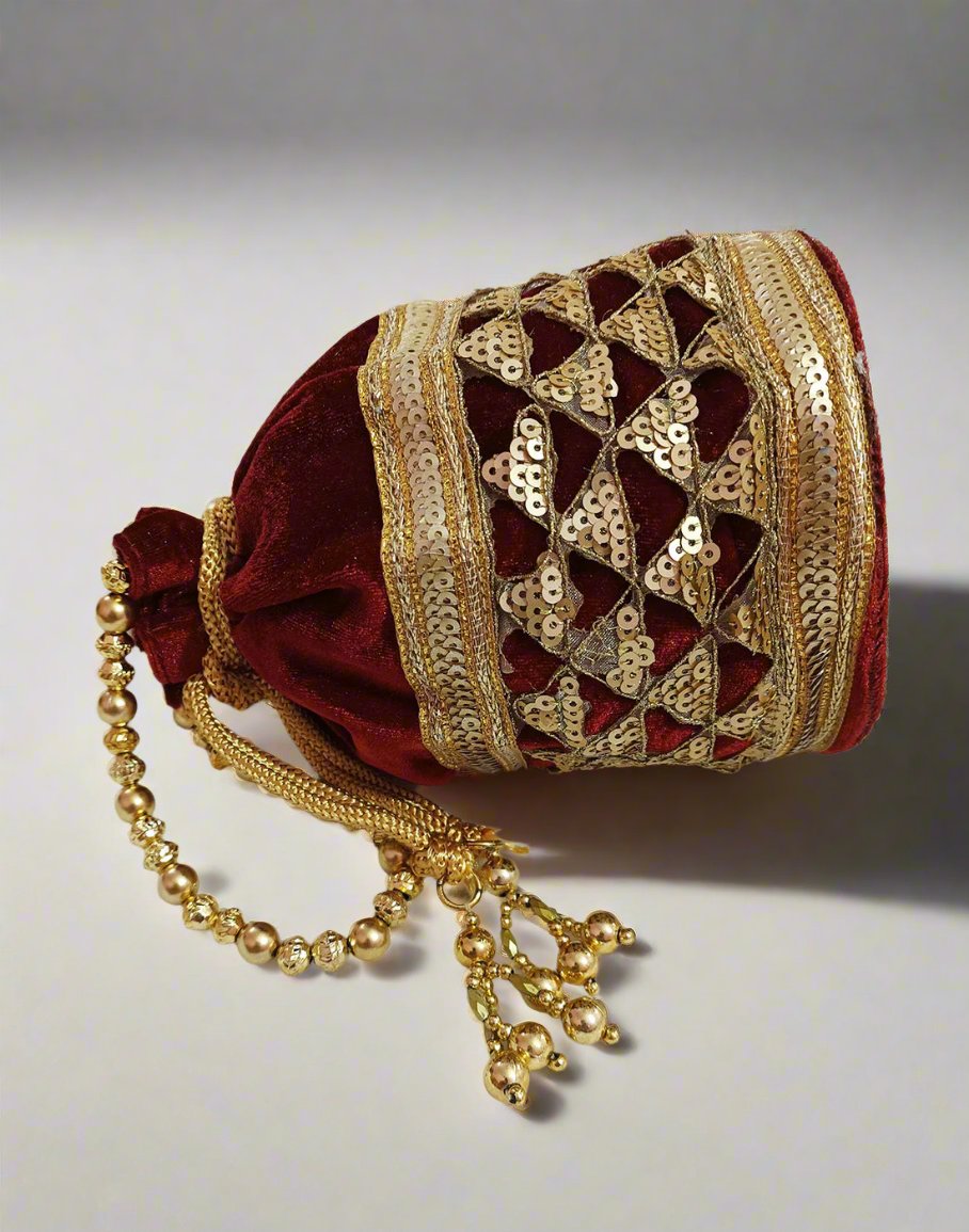 Embellished Maroon Velvet Potli | Peepal Clothing
